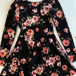 Vintage Velvet Long-Sleeve Mini Dress with Roses